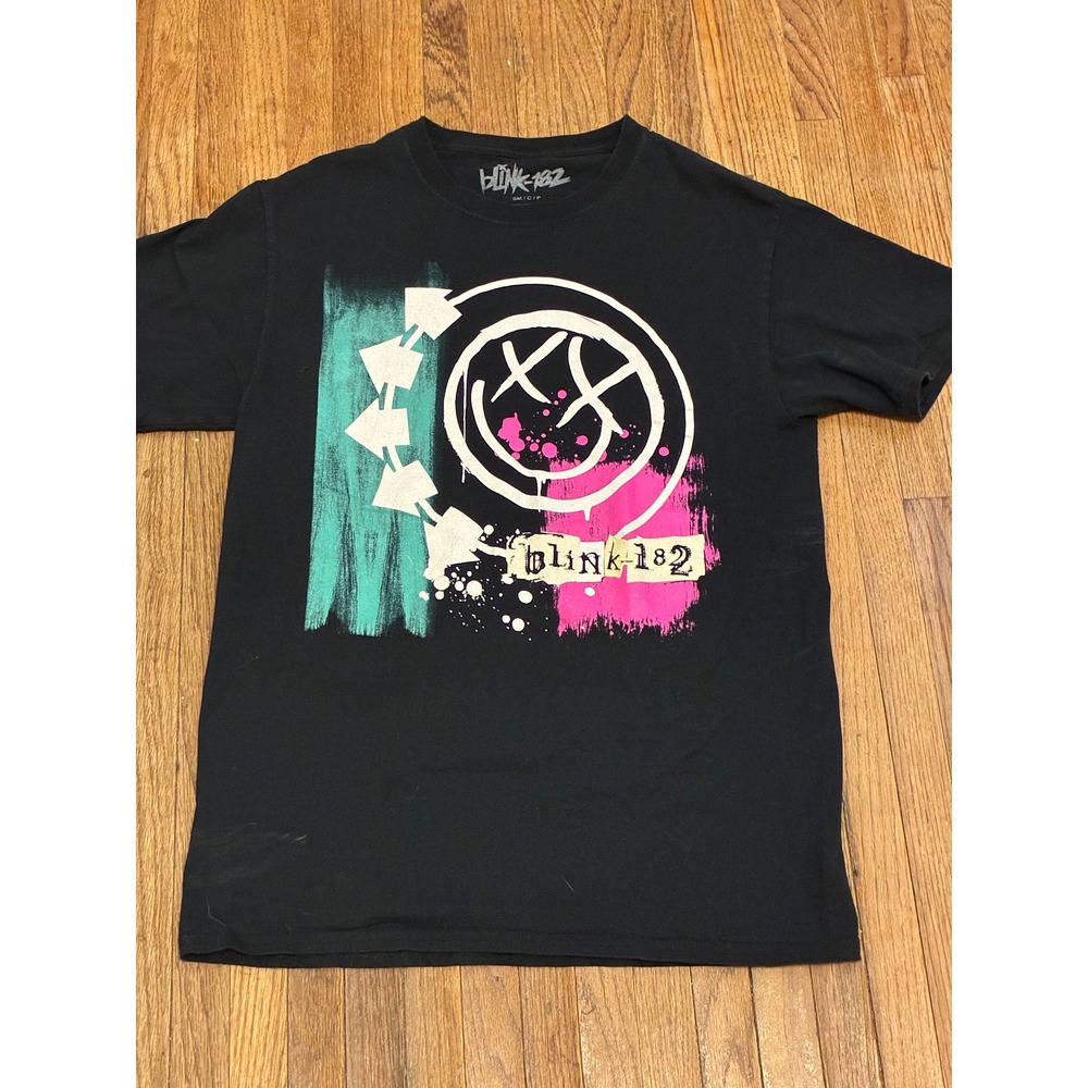 Vintage Blink-182 Graphic Band Tee Black Y2K Smiley Face Cotton T-Shirt Small